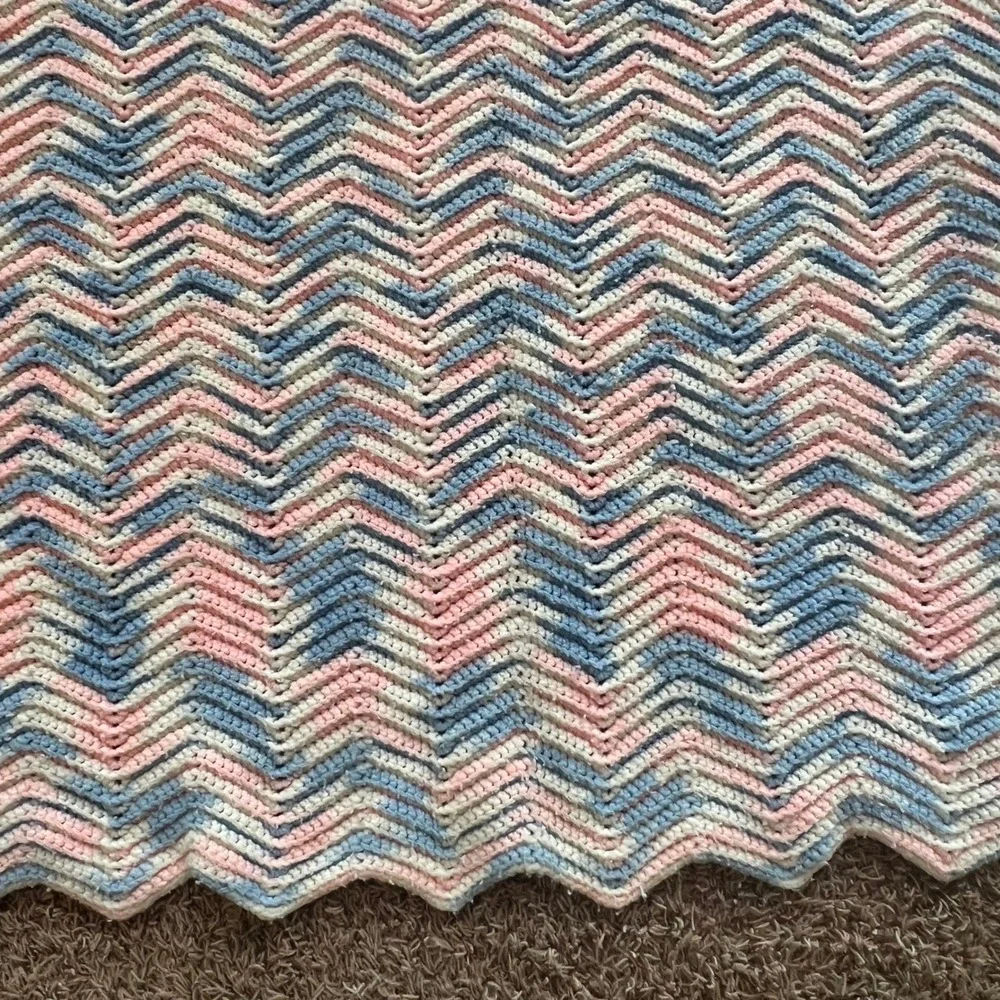 Handmade Crochet Baby Blanket Pink Blue White Chevron Ripple Afghan 42x33